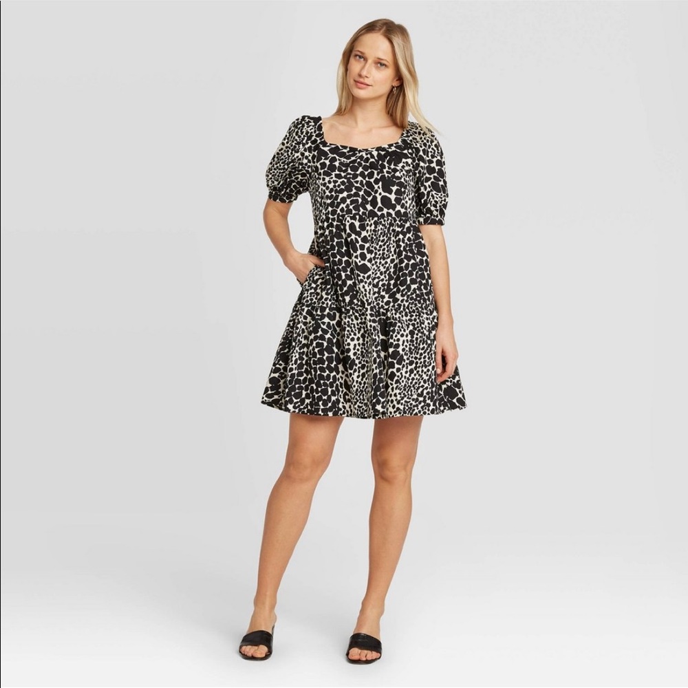 Leopard Print Puff Short Sleeve Dress